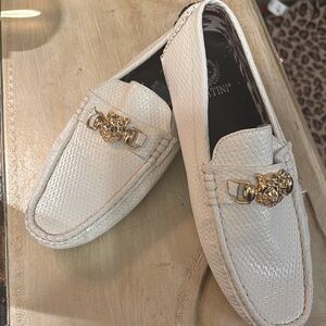 White and Gold Slip-On Loafers with Chain Detail